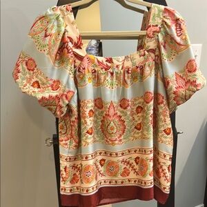 Joy Joy Ruffled Puff Sleeve Blouse in Orange and Red